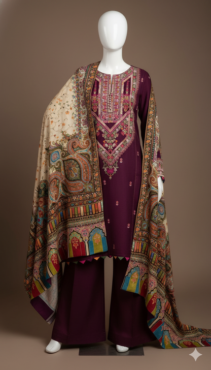 Dhanak Hit Codes | Premium Heavy Embroidered 3-Piece Dhanak Suit with Digital Printed Shawl (Ikhwan New Arrivals – November Drop 1)