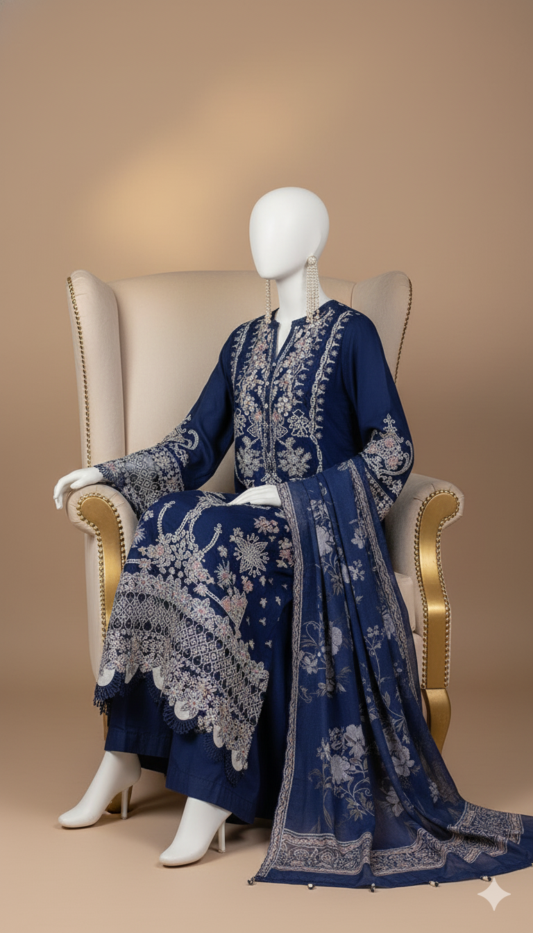 Qalamkar | Premium Pure Dhanak 3-Piece Heavy Embroidered Suit with Twill Printed Shawl (Ikhwan New Arrivals – November Drop 1)