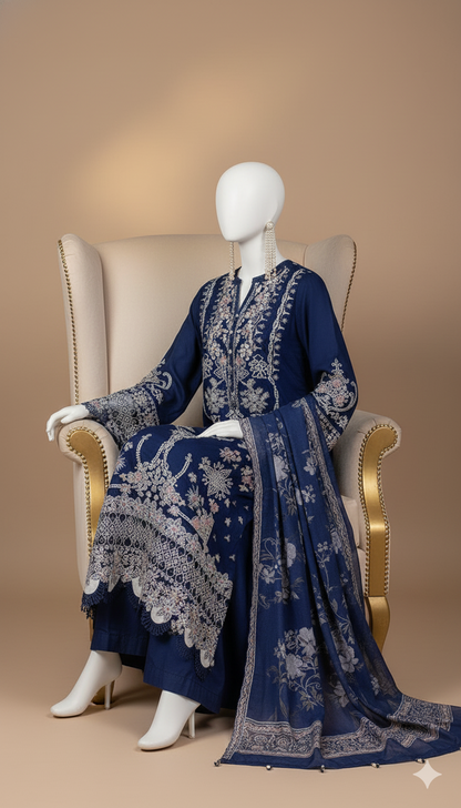 Qalamkar | Premium Pure Dhanak 3-Piece Heavy Embroidered Suit with Twill Printed Shawl (Ikhwan New Arrivals – November Drop 1)