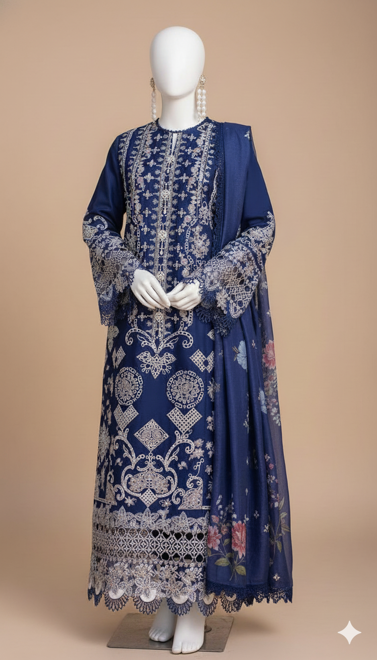 Qalamkar | Premium Pure Dhanak 3-Piece Heavy Embroidered Suit with Twill Printed Shawl (Ikhwan New Arrivals – November Drop 1)