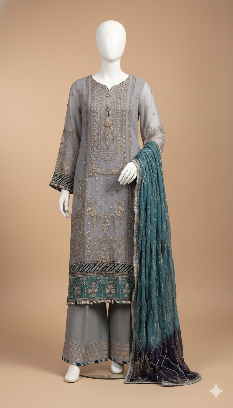 Luxury Chiffon 3-Piece Embroidered Suit with Pearls, Tassel Detailing & Tie-Dye Dupatta | Ikhwan New Arrivals – November Drop 1