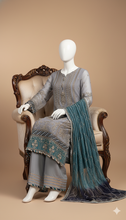 Luxury Chiffon 3-Piece Embroidered Suit with Pearls, Tassel Detailing & Tie-Dye Dupatta | Ikhwan New Arrivals – November Drop 1