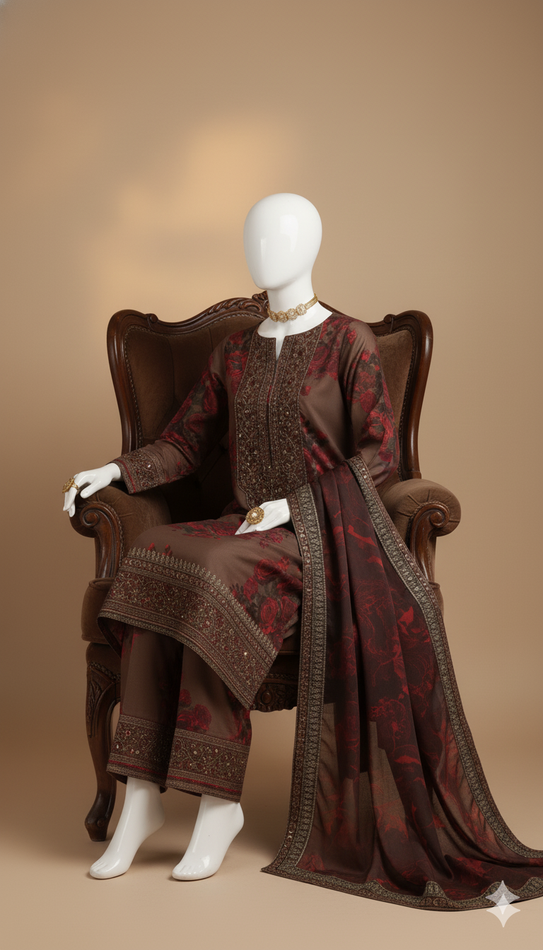 Luxury Shamoz Silk 3-Piece Embroidered & Digital Printed Suit with 4-Side Dupatta Pati | Ikhwan New Arrivals – November Drop 1