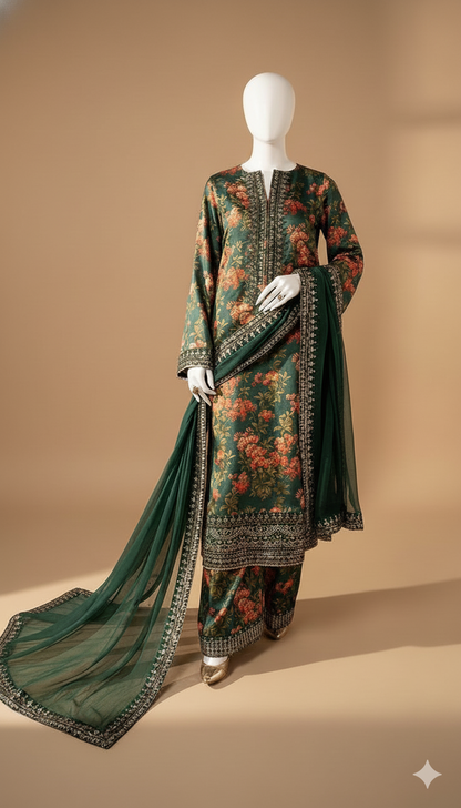 Luxury Shamoz Silk 3-Piece Printed & Embroidered Suit with Ready-to-Wear Dupatta | Ikhwan New Arrivals – November Drop 1