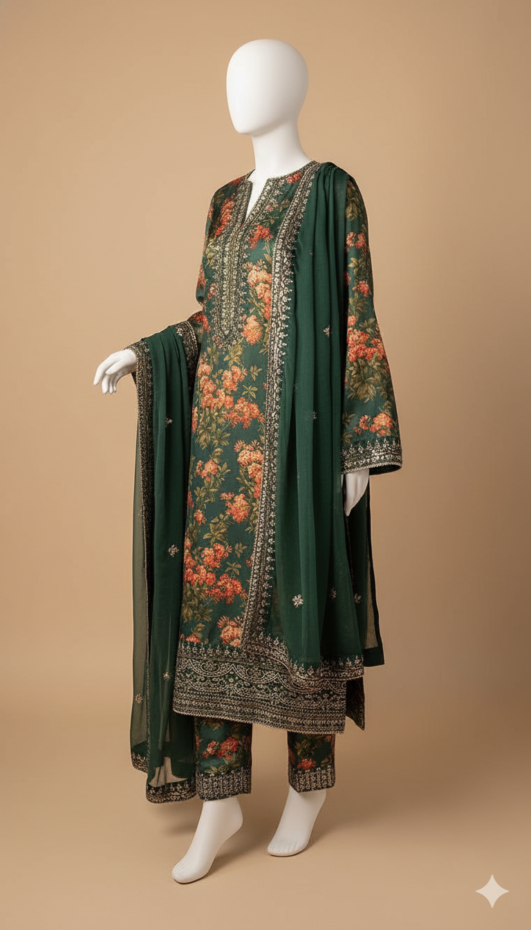 Luxury Shamoz Silk 3-Piece Printed & Embroidered Suit with Ready-to-Wear Dupatta | Ikhwan New Arrivals – November Drop 1