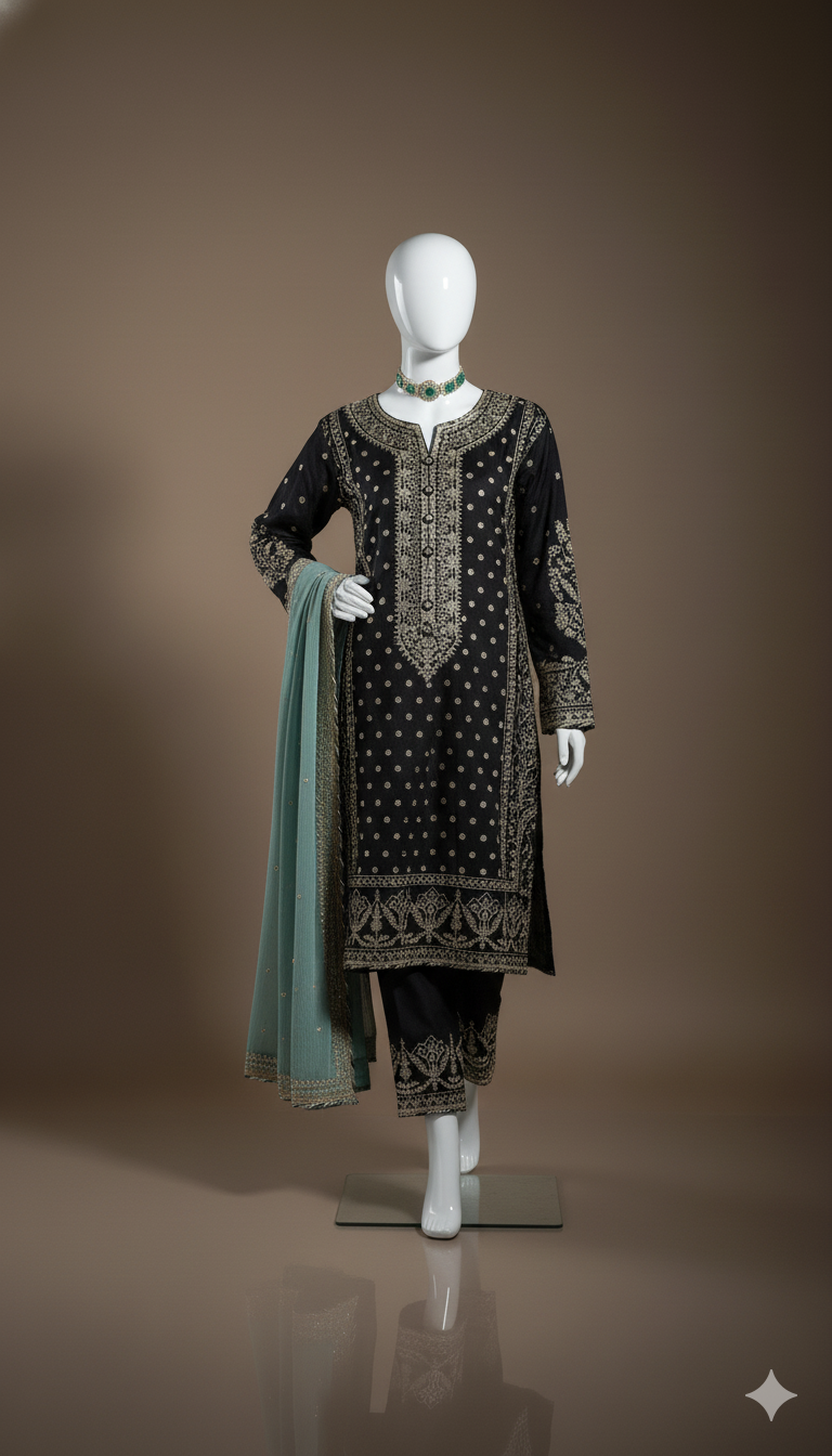 Luxury Embroidered Chiffon 3-Piece Unstitched Suit with Silk Trouser & 4-Side Border Dupatta | Ikhwan New Arrivals – November Drop 1