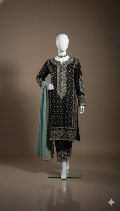 Luxury Embroidered Chiffon 3-Piece Unstitched Suit with Silk Trouser & 4-Side Border Dupatta | Ikhwan New Arrivals – November Drop 1