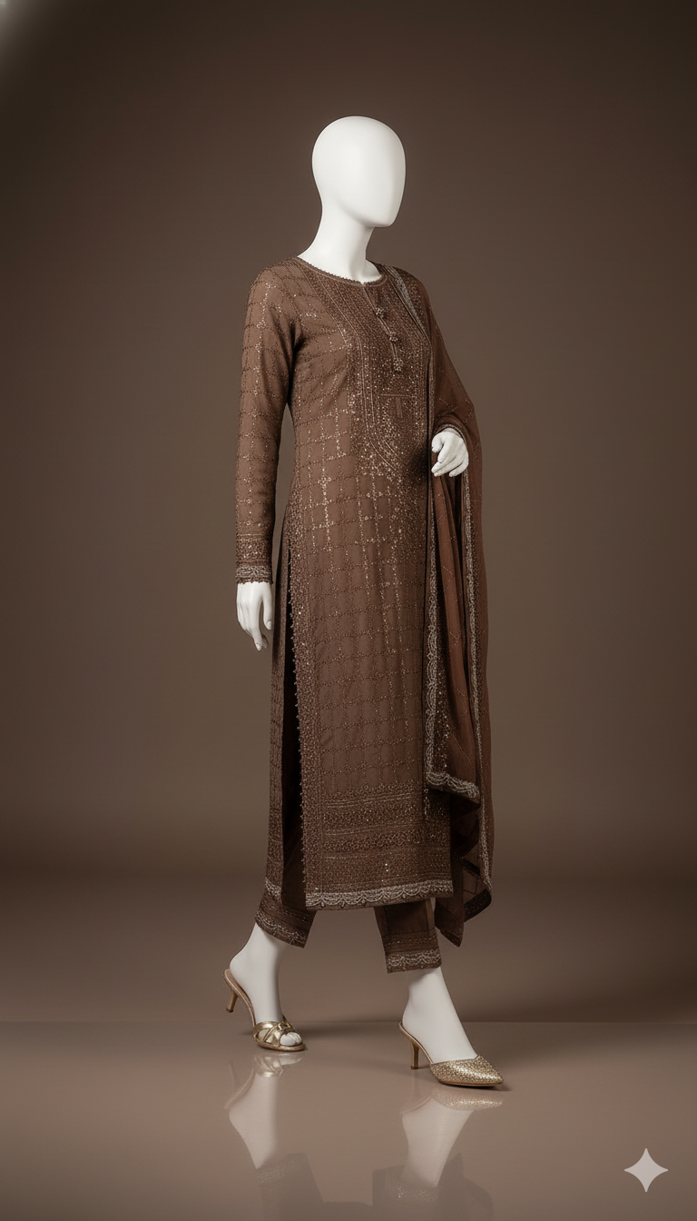 Luxury Embroidered Chiffon 3-Piece Suit with Silk Trouser | Ikhwan New Arrivals – November Drop 1