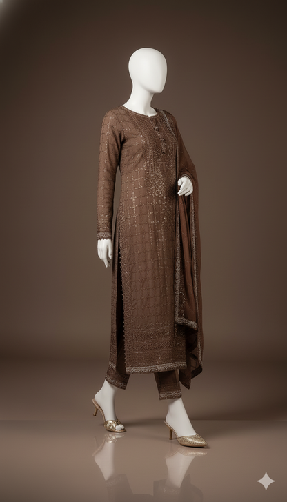 Luxury Embroidered Chiffon 3-Piece Suit with Silk Trouser | Ikhwan New Arrivals – November Drop 1