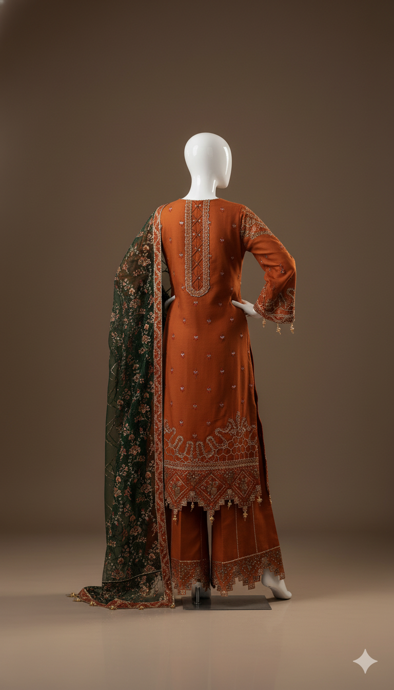 Luxury Embroidered Chiffon 3-Piece Suit with Net Dupatta & Malai Trouser | Ikhwan New Arrivals – November Drop 1