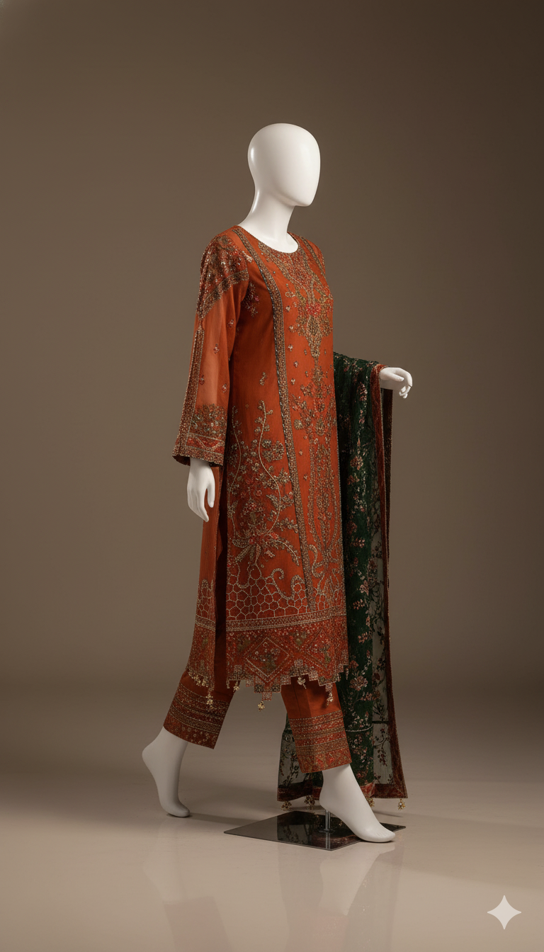 Luxury Embroidered Chiffon 3-Piece Suit with Net Dupatta & Malai Trouser | Ikhwan New Arrivals – November Drop 1