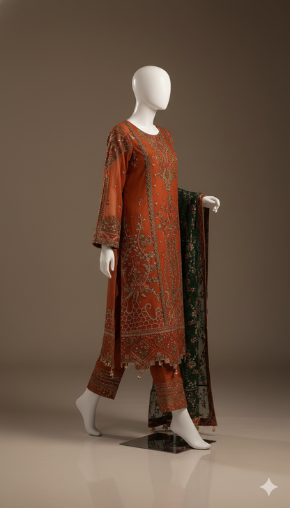 Luxury Embroidered Chiffon 3-Piece Suit with Net Dupatta & Malai Trouser | Ikhwan New Arrivals – November Drop 1