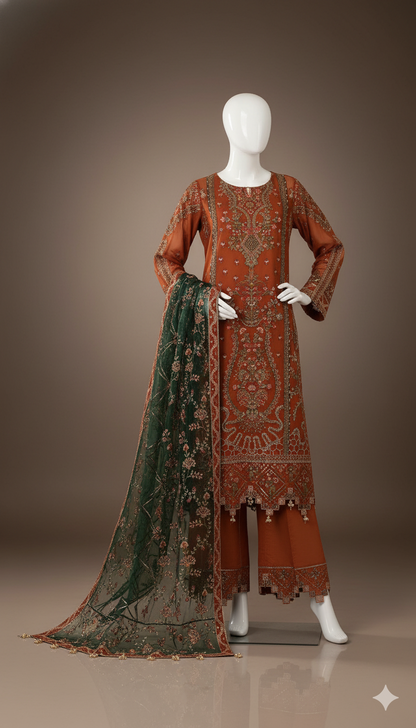 Luxury Embroidered Chiffon 3-Piece Suit with Net Dupatta & Malai Trouser | Ikhwan New Arrivals – November Drop 1
