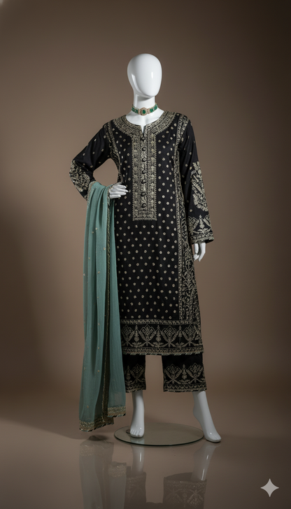 Luxury Embroidered Chiffon 3-Piece Unstitched Suit with Silk Trouser & 4-Side Border Dupatta | Ikhwan New Arrivals – November Drop 1