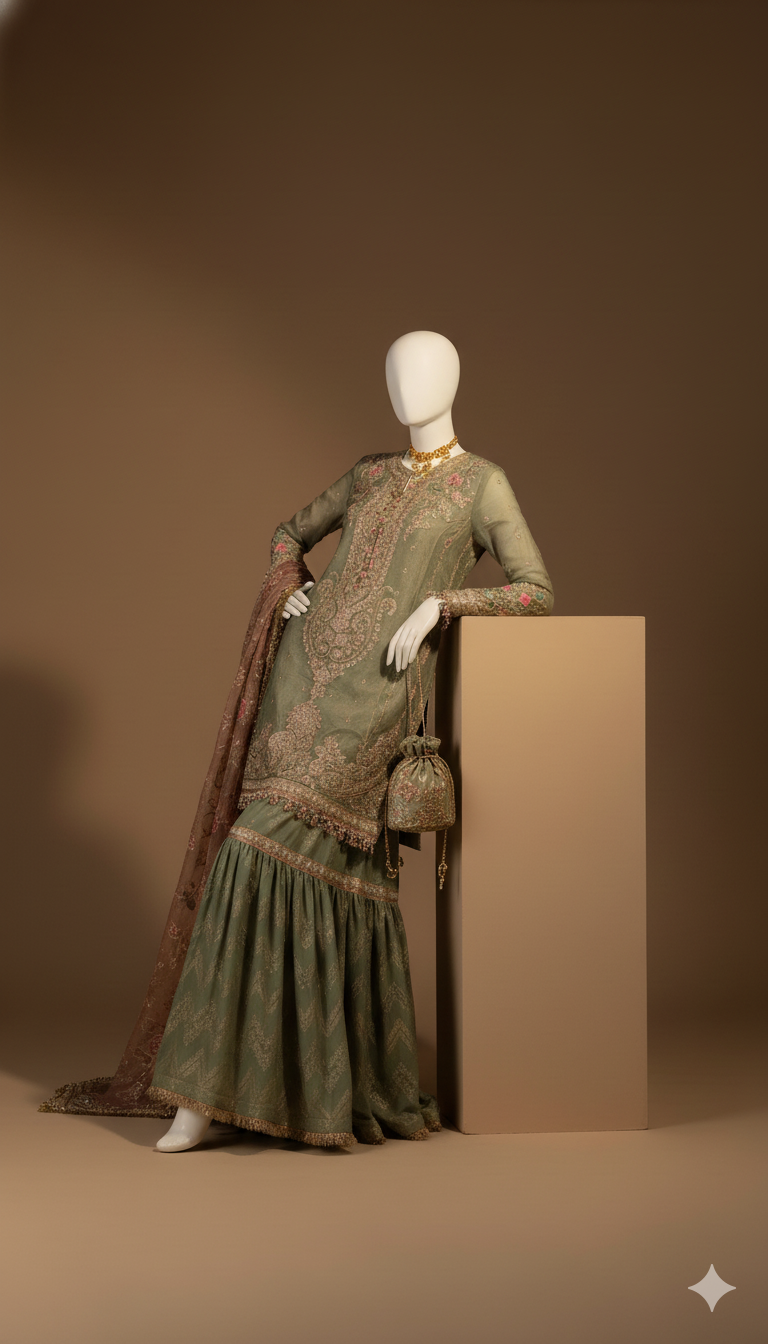 Luxury Mysori 3-Piece Embroidered Spengle Work Suit with Khaadi Net Dupatta & Jamawar Ghera Trouser | Ikhwan New Arrivals – November Drop 1