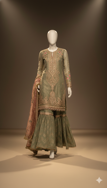 Luxury Mysori 3-Piece Embroidered Spengle Work Suit with Khaadi Net Dupatta & Jamawar Ghera Trouser | Ikhwan New Arrivals – November Drop 1