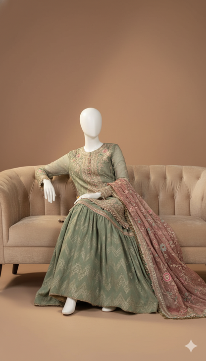 Luxury Mysori 3-Piece Embroidered Spengle Work Suit with Khaadi Net Dupatta & Jamawar Ghera Trouser | Ikhwan New Arrivals – November Drop 1