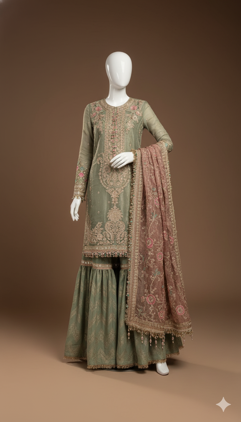 Luxury Mysori 3-Piece Embroidered Spengle Work Suit with Khaadi Net Dupatta & Jamawar Ghera Trouser | Ikhwan New Arrivals – November Drop 1