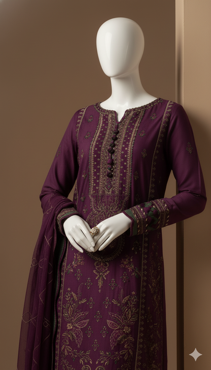 Luxury Air Jet Dhanak 3-Piece Heavy Embroidered Suit with Dhanak Shawl | Ikhwan New Arrivals – November Drop 1