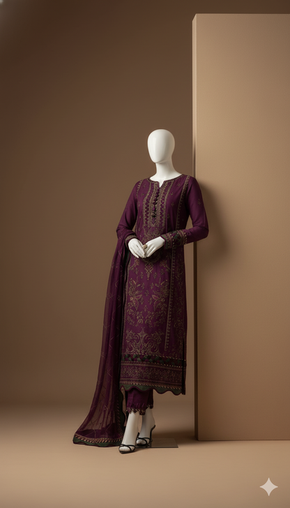 Luxury Air Jet Dhanak 3-Piece Heavy Embroidered Suit with Dhanak Shawl | Ikhwan New Arrivals – November Drop 1