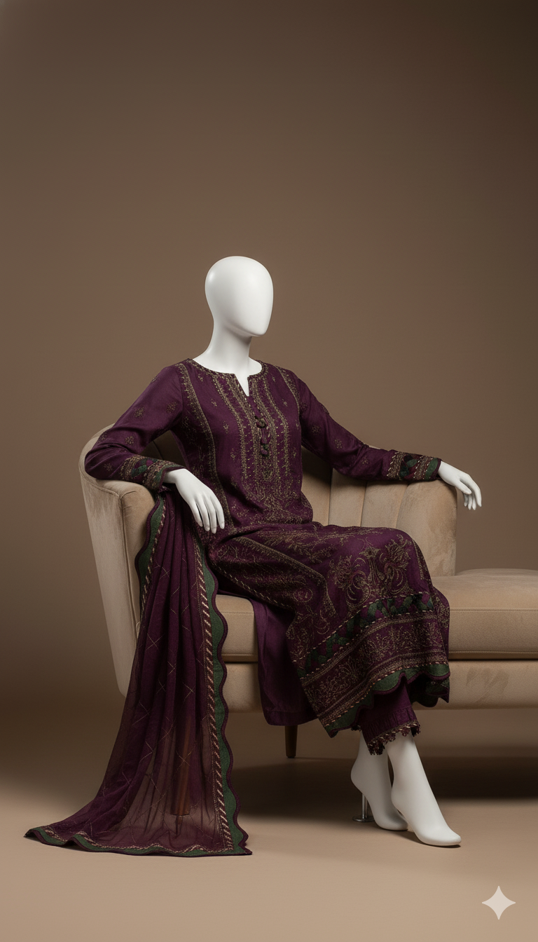 Luxury Air Jet Dhanak 3-Piece Heavy Embroidered Suit with Dhanak Shawl | Ikhwan New Arrivals – November Drop 1