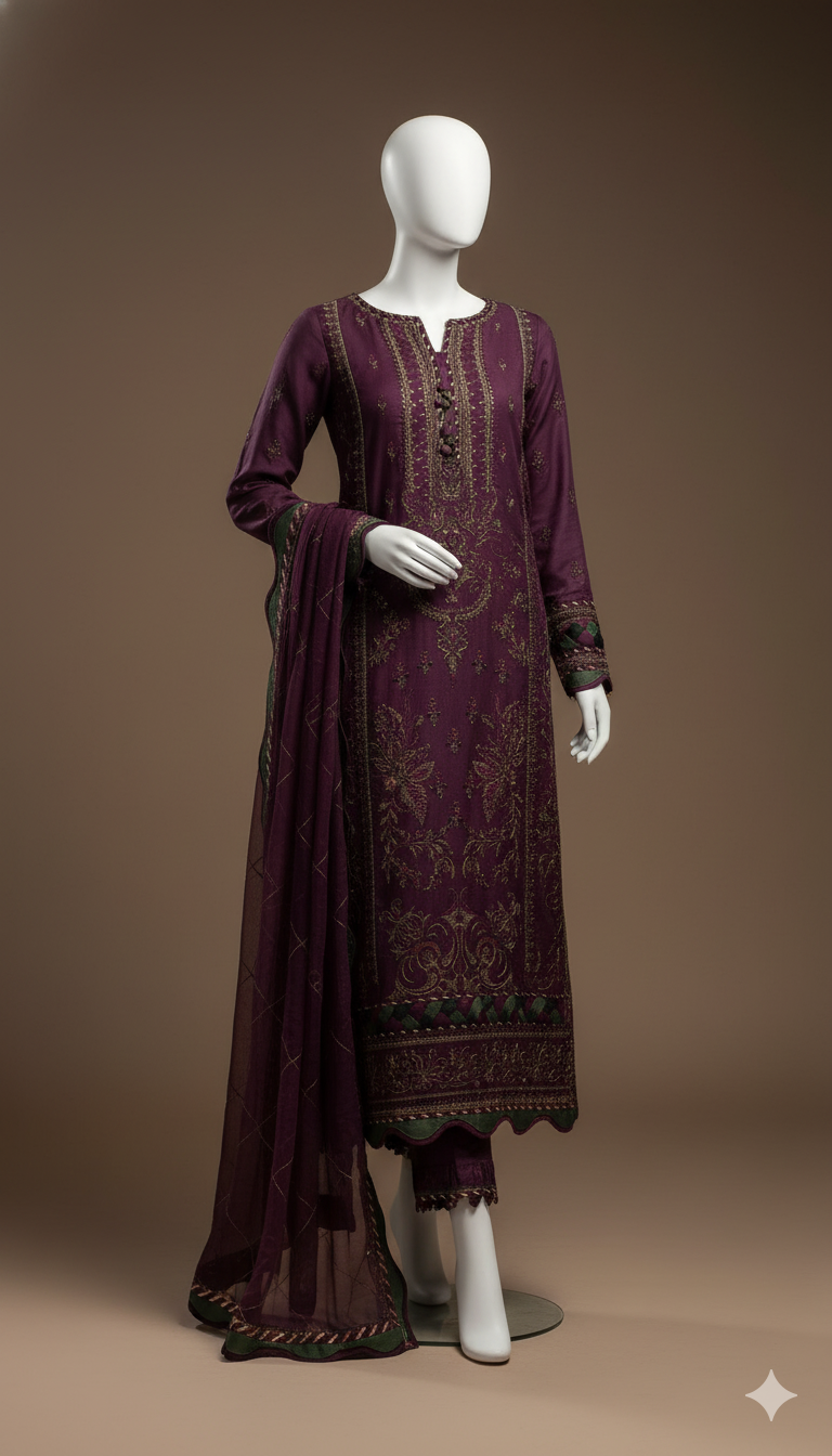 Luxury Air Jet Dhanak 3-Piece Heavy Embroidered Suit with Dhanak Shawl | Ikhwan New Arrivals – November Drop 1