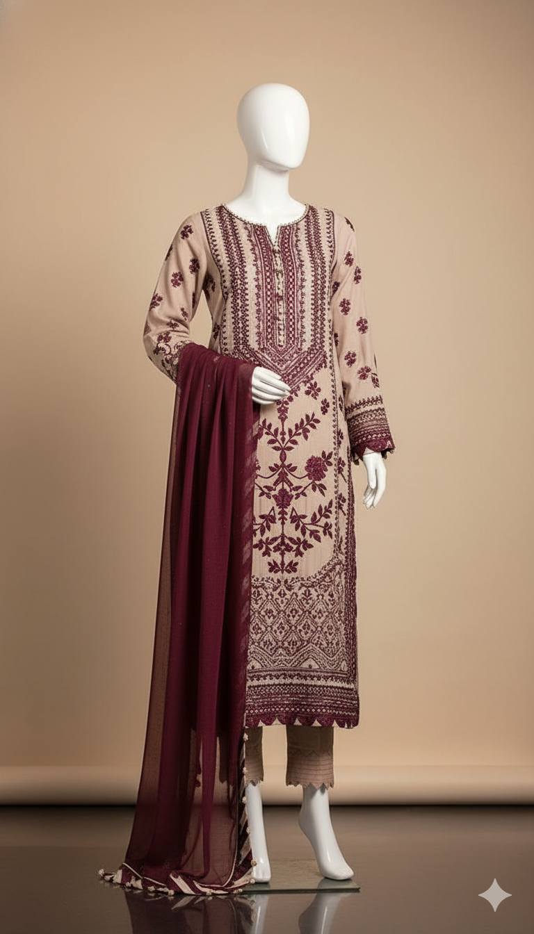 Luxury Chiffon Elegance – 3-Piece Embroidered Suit with Silk Trouser & 4-Side Lace Dupatta | Ikhwan New Arrivals – November Drop 1