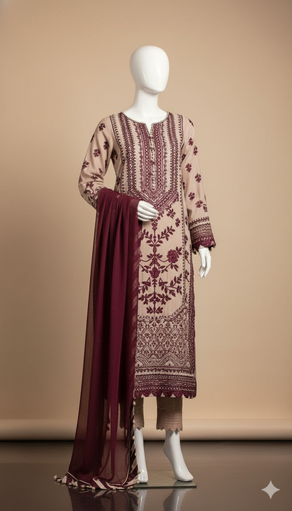 Luxury Chiffon Elegance – 3-Piece Embroidered Suit with Silk Trouser & 4-Side Lace Dupatta | Ikhwan New Arrivals – November Drop 1