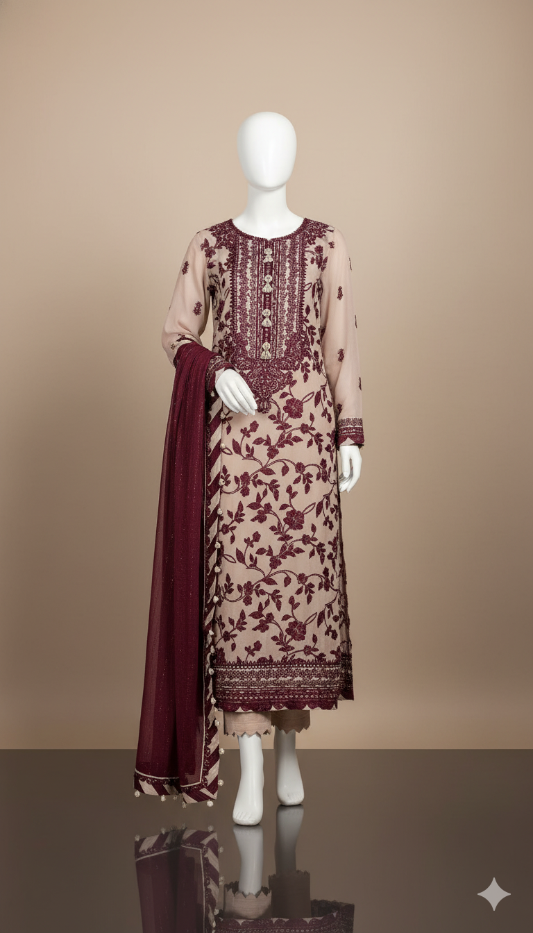 Luxury Chiffon Elegance – 3-Piece Embroidered Suit with Silk Trouser & 4-Side Lace Dupatta | Ikhwan New Arrivals – November Drop 1