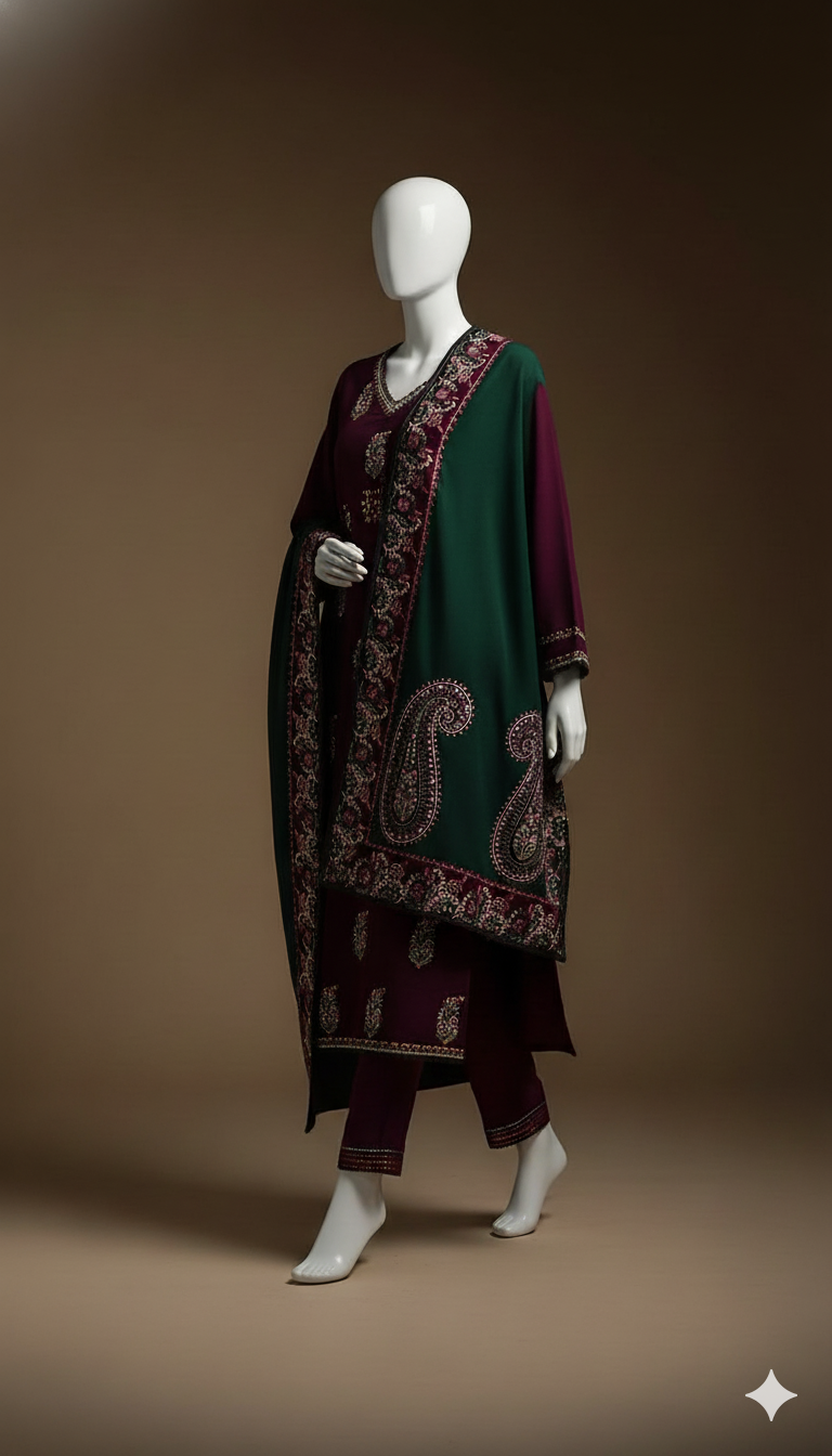 Luxury Dhanak 3-Piece Suit with Embroidered Dhanak Shawl | Ikhwan Winter Collection New Arrivals – November Drop 1