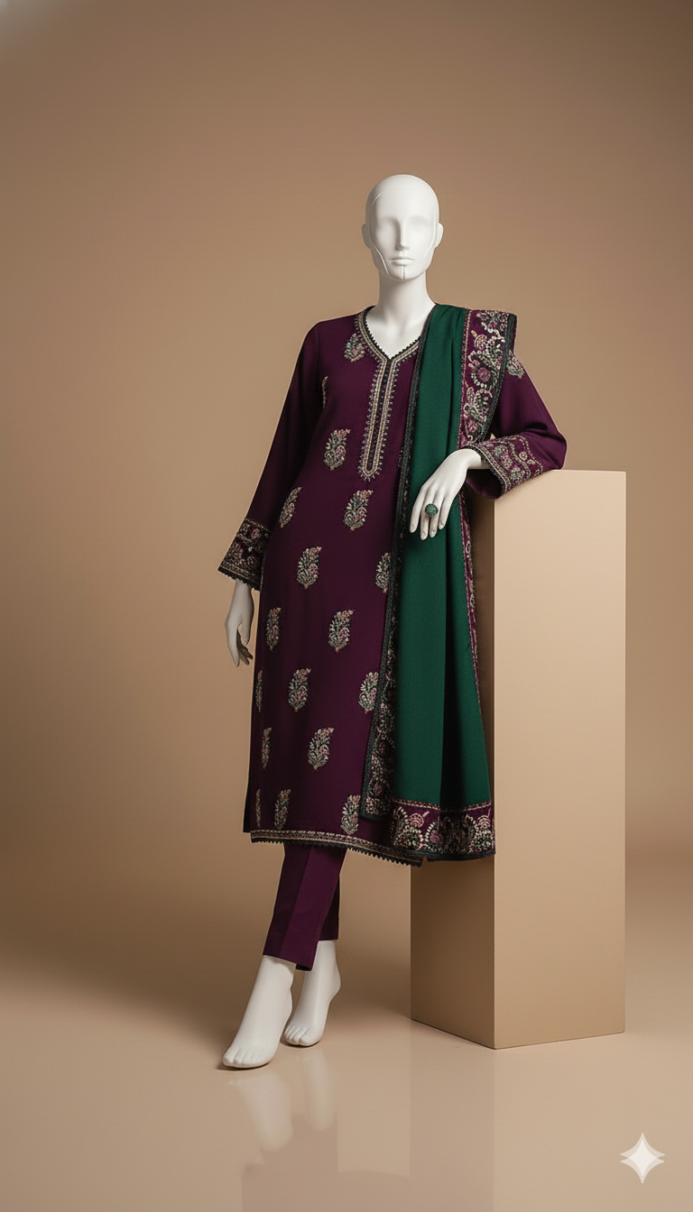 Luxury Dhanak 3-Piece Suit with Embroidered Dhanak Shawl | Ikhwan Winter Collection New Arrivals – November Drop 1