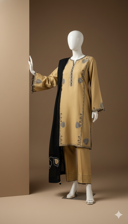 Luxury Dhanak 3-Piece Heavy Embroidered Suit with Dhanak Shawl | Ikhwan Winter Collection 2025