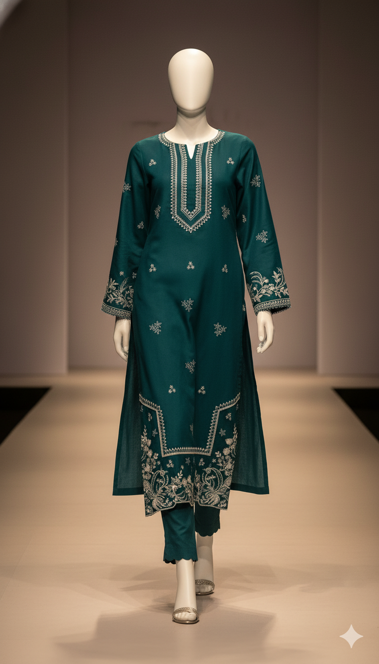 Luxury Dhanak 3-Piece Heavy Embroidered Suit with Digital Printed Shawl | Ikhwan Winter Collection New Arival