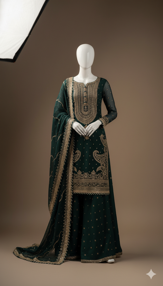 Luxury Embroidered Chiffon 3-Piece Suit with Heavy Gharara & Signature Dupatta | Ikhwan New Arrivals – November Drop 2