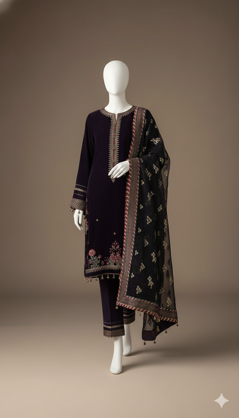 Jazmine Velvet Embroidered 3-Piece Suit with Net Embroidered Dupatta | Ikhwan Master Replica – November Drop 2