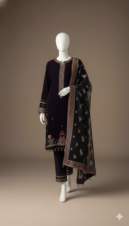 Jazmine Velvet Embroidered 3-Piece Suit with Net Embroidered Dupatta | Ikhwan Master Replica – November Drop 2