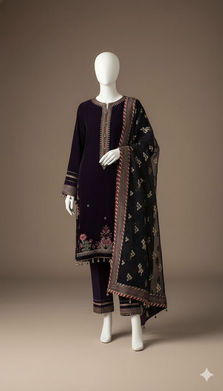 Jazmine Velvet Embroidered 3-Piece Suit with Net Embroidered Dupatta | Ikhwan Master Replica – November Drop 2