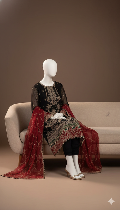 Ikhwan – Luxury Chiffon Adda Work 3-Piece Suit with Embroidered Dupatta & Silk Trouser | November Drop 2