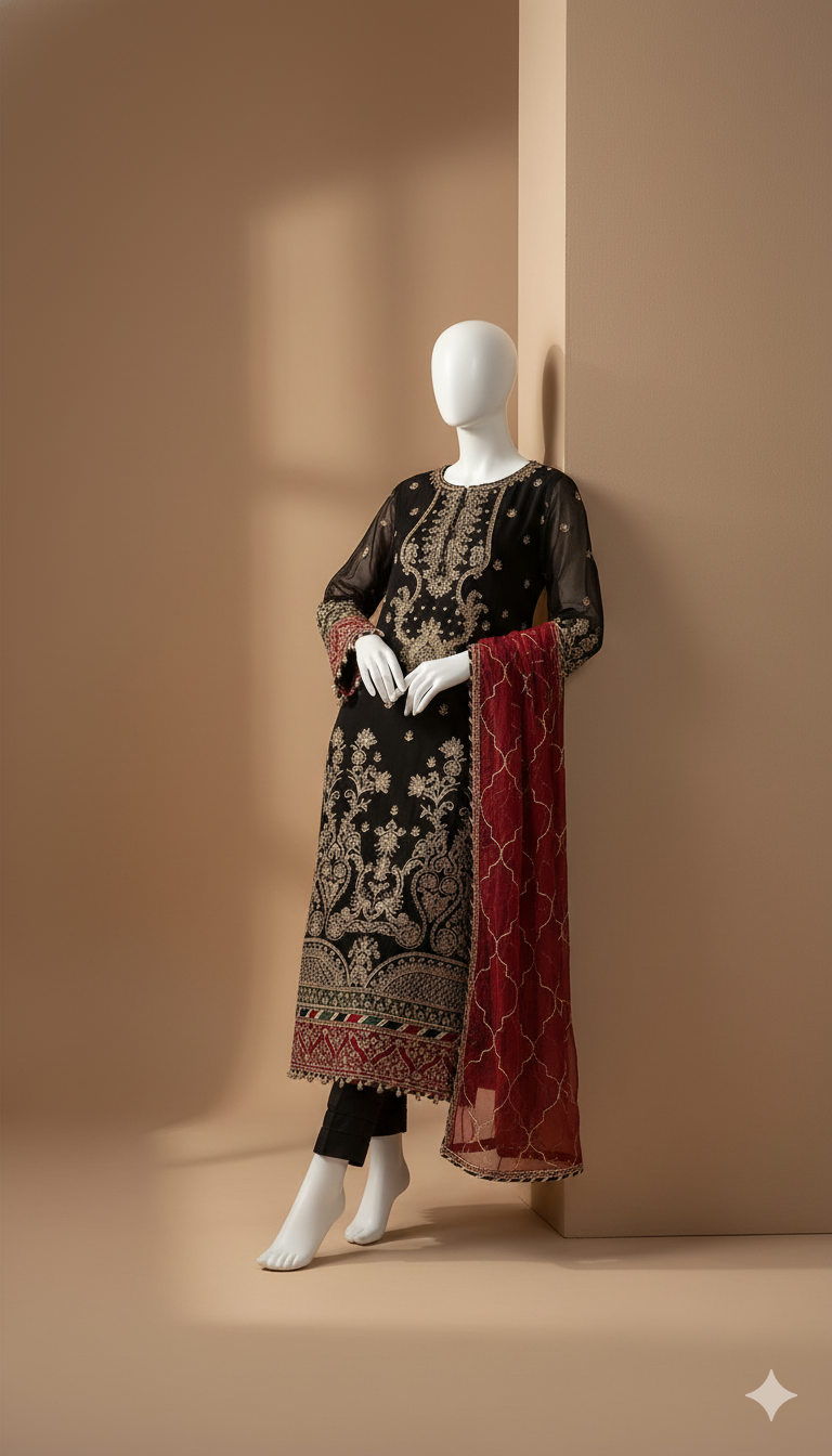 Ikhwan – Luxury Chiffon Adda Work 3-Piece Suit with Embroidered Dupatta & Silk Trouser | November Drop 2