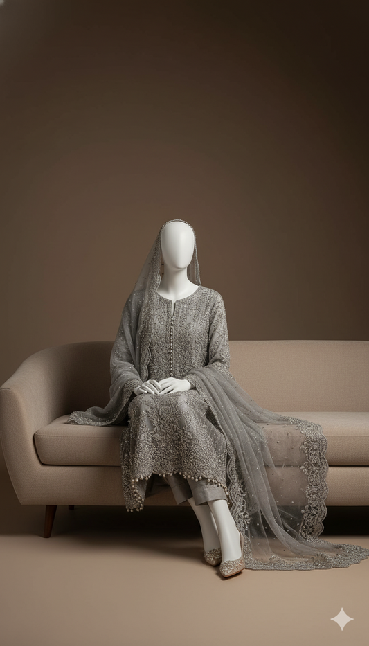 Ikhwan – Premium Chiffon Embroidered 3-Piece Suit with Satin Trouser & Malai Inner | November Drop 2 – Embroidery Collection