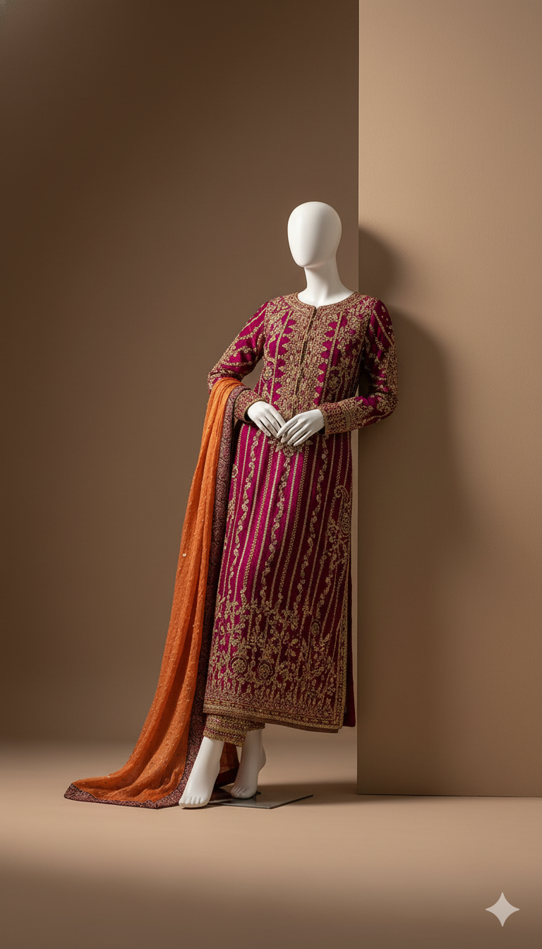 Ikhwan – Luxury Chiffon Hand-Embroidered 3-Piece Suit with Jamawar Trouser & Heavy Adda Work | November Drop 2 Collection