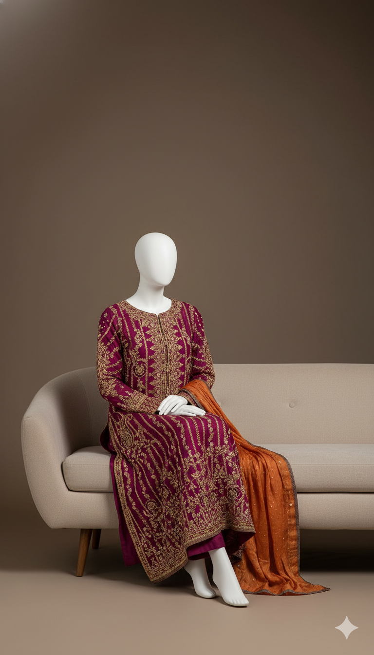 Ikhwan – Luxury Chiffon Hand-Embroidered 3-Piece Suit with Jamawar Trouser & Heavy Adda Work | November Drop 2 Collection