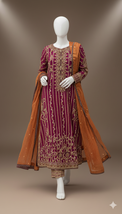 Ikhwan – Luxury Chiffon Hand-Embroidered 3-Piece Suit with Jamawar Trouser & Heavy Adda Work | November Drop 2 Collection