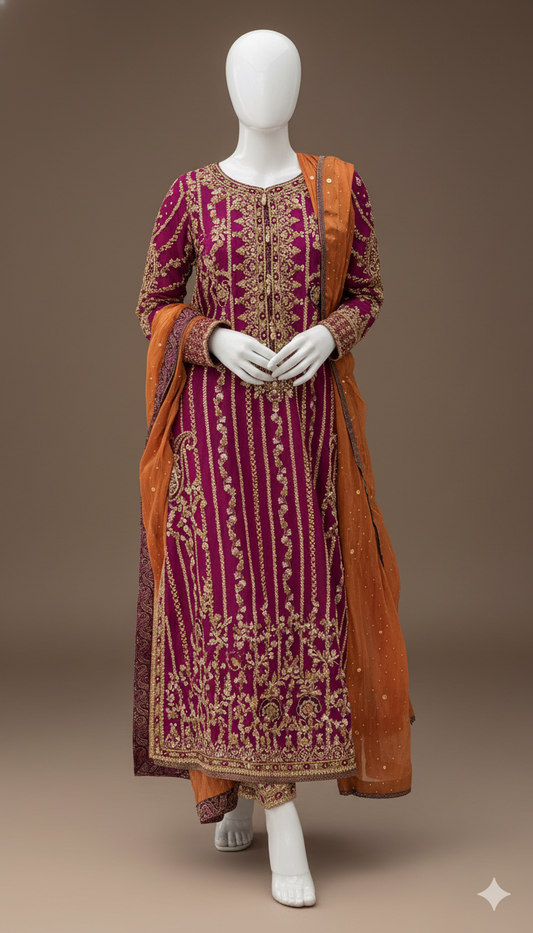 Ikhwan – Luxury Chiffon Hand-Embroidered 3-Piece Suit with Jamawar Trouser & Heavy Adda Work | November Drop 2 Collection