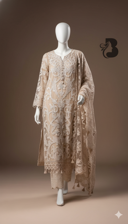 Organza Fully Heavy Embroidered 3-Piece Suit | Sequins & 3D Flowers | Dyed Satin Silk Trouser | 2 Styles – Kameez/Shalwar & Frock | November Drop 2 Winter 2025