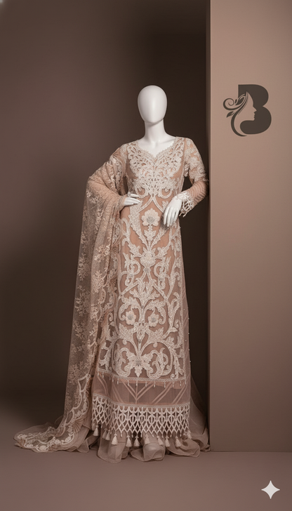 Organza Fully Heavy Embroidered 3-Piece Suit | Sequins & 3D Flowers | Dyed Satin Silk Trouser | 2 Styles – Kameez/Shalwar & Frock | November Drop 2 Winter 2025