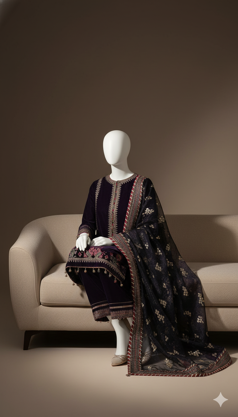 Jazmine Velvet Embroidered 3-Piece Suit with Net Embroidered Dupatta | Ikhwan Master Replica – November Drop 2
