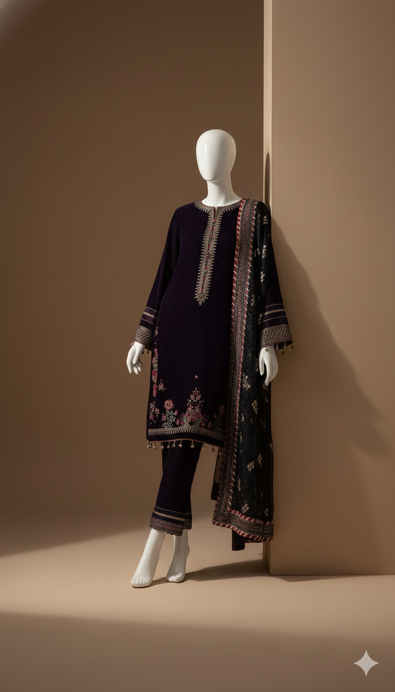 Jazmine Velvet Embroidered 3-Piece Suit with Net Embroidered Dupatta | Ikhwan Master Replica – November Drop 2