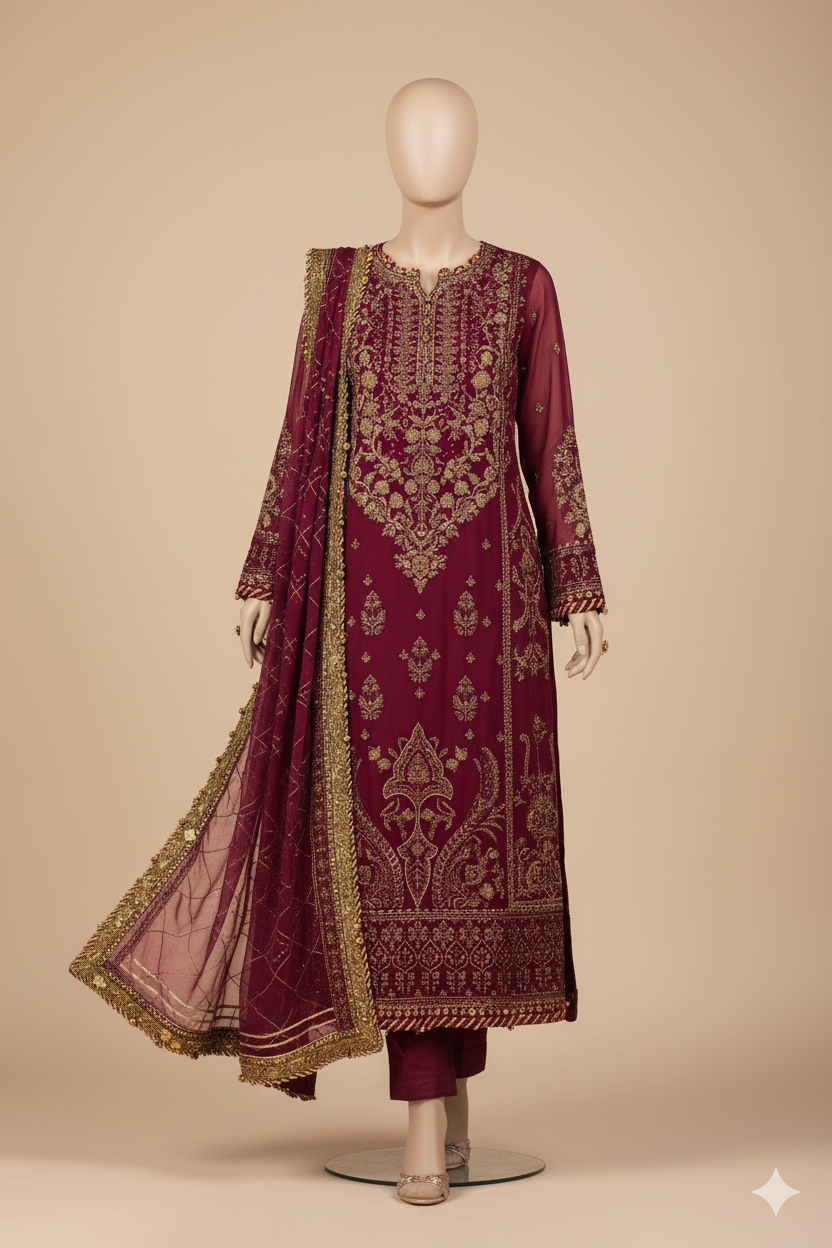 Ikhwan Unstitched Replica – Luxury Embroidered Chiffon Suit with Malai Trouser & Dupatta