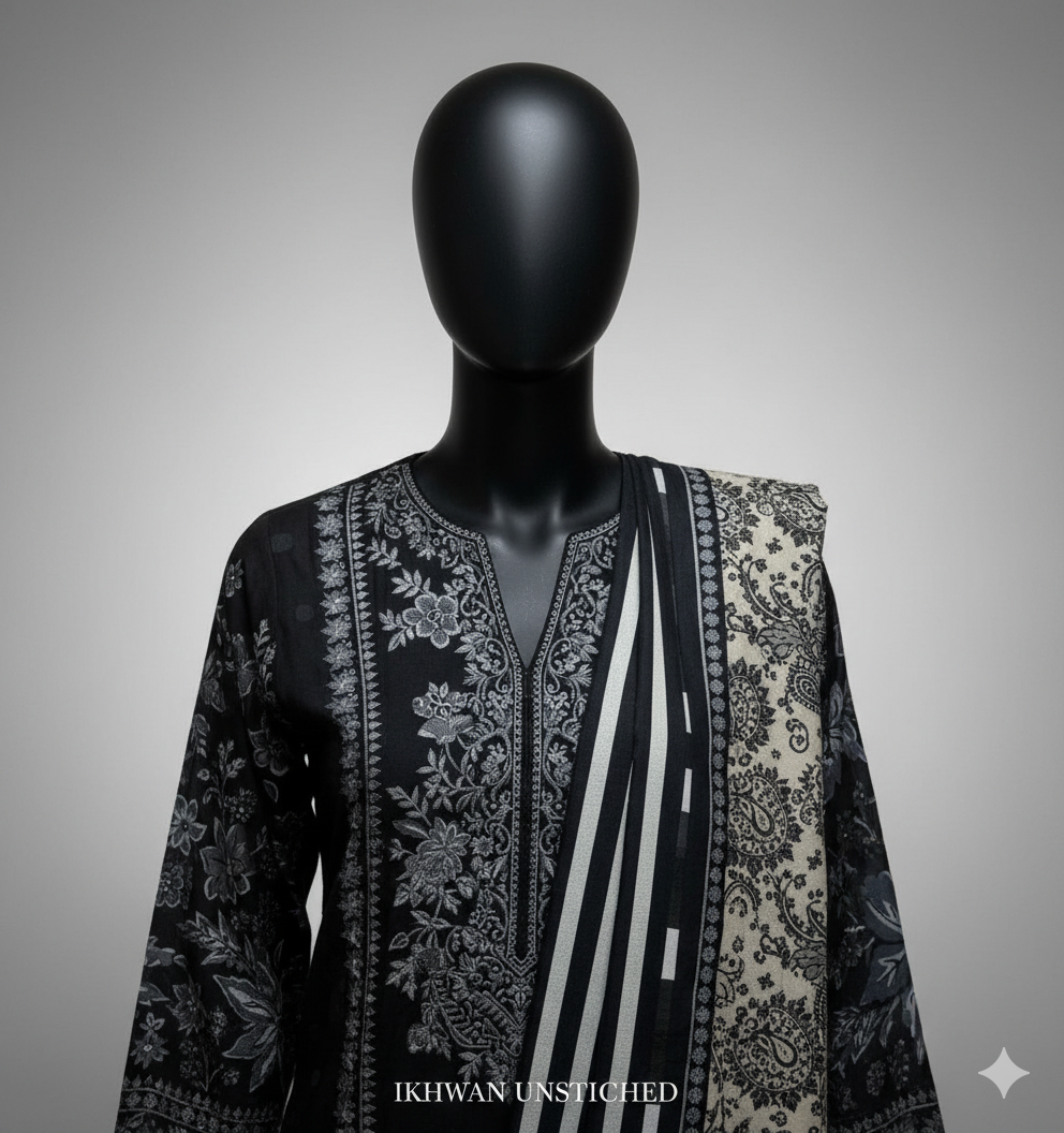 Winter 2025 Pure Karandi Digital Print Black Suit – Premium Airjet Collection